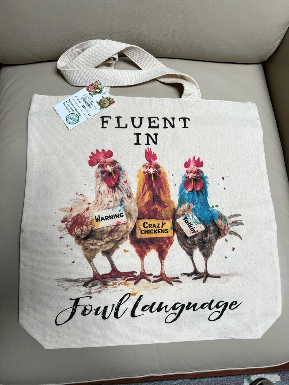 NWT “Fluent in Fowl Language” Lightweight Canvas Tote  15 1/4” x 15 1/2”